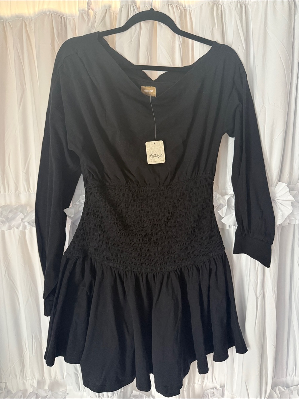 Free People Black Long-Sleeve Smocked Waist Mini Dress